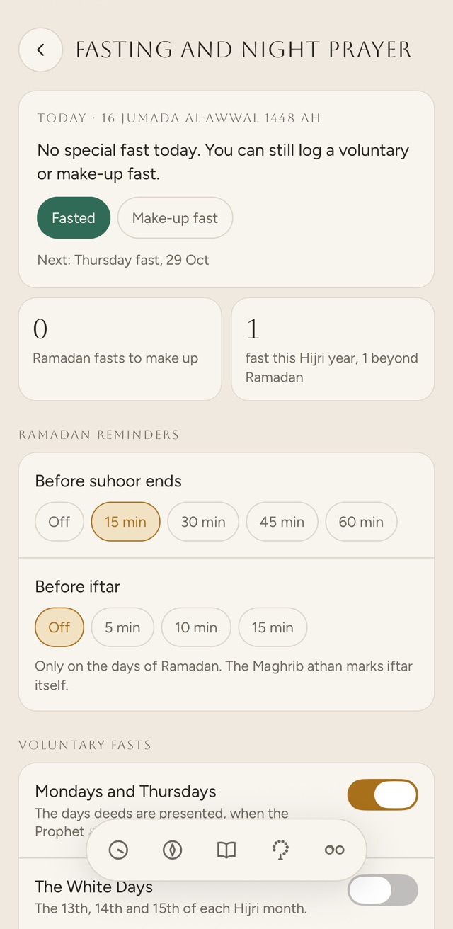The Fasting and night prayer screen in Khalis. Today, 16 Jumada al-Awwal 1448 AH: no special fast, with Fasted marked, and next a Thursday fast on 29 October. Below, 0 Ramadan fasts to make up and 1 fast this Hijri year, 1 beyond Ramadan. Ramadan reminders are set to 15 minutes before suhoor ends and off before iftar.