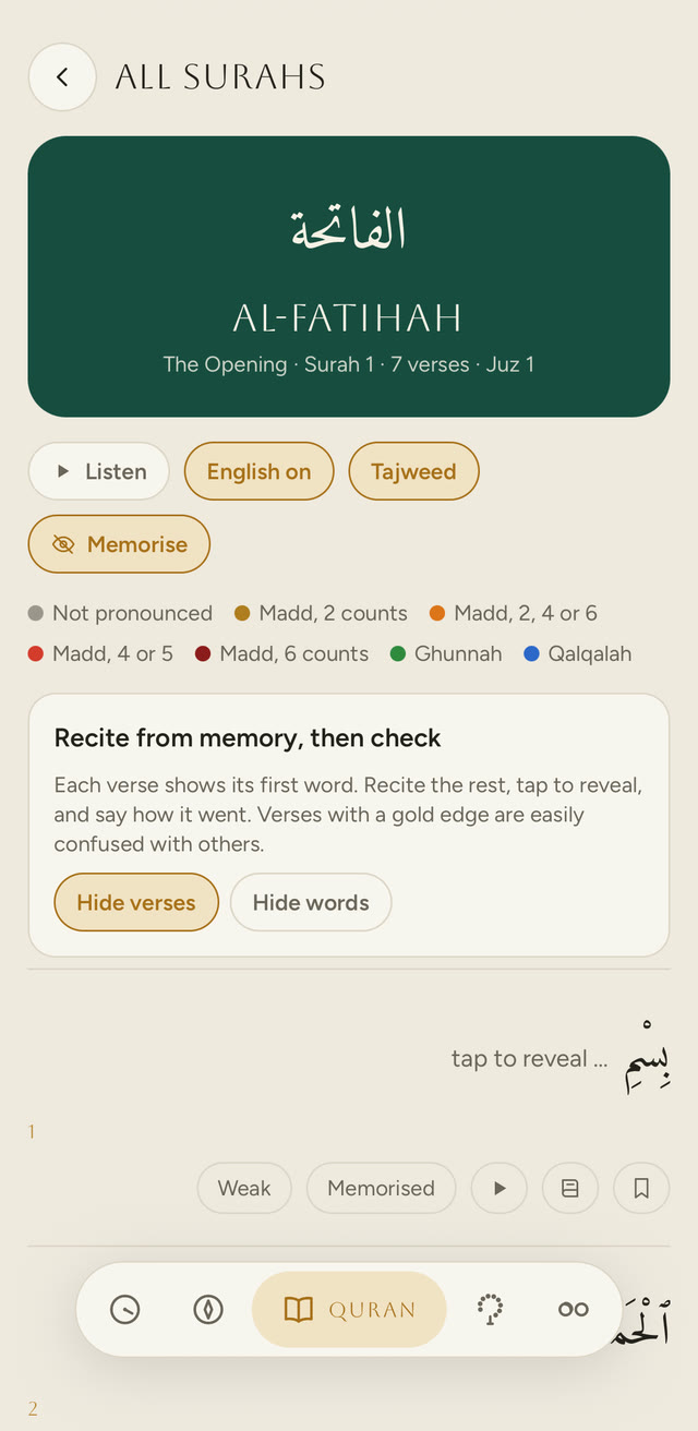 Memorise mode on Al-Fatihah in Khalis. Under the surah’s title are the Listen, English on, Tajweed and Memorise switches, with English, Tajweed and Memorise turned on, and the tajweed colour key beneath them. A card reads ‘Recite from memory, then check’, with Hide verses chosen. Verse 1 shows only its first word in Arabic, followed by ‘tap to reveal’.