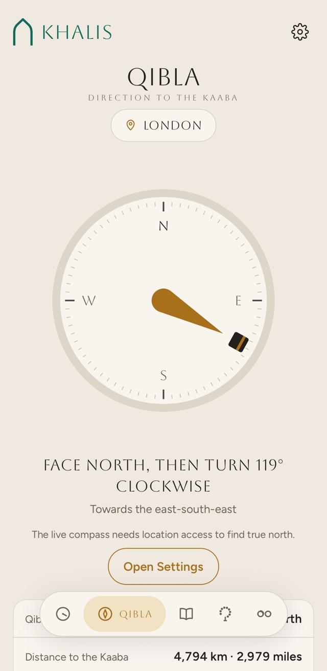 The Khalis Qibla screen for London: a compass with the Kaaba marker to the east-south-east, the words ‘Face north, then turn 119° clockwise’ and ‘Towards the east-south-east’, and a note that the live compass needs location access to find true north.