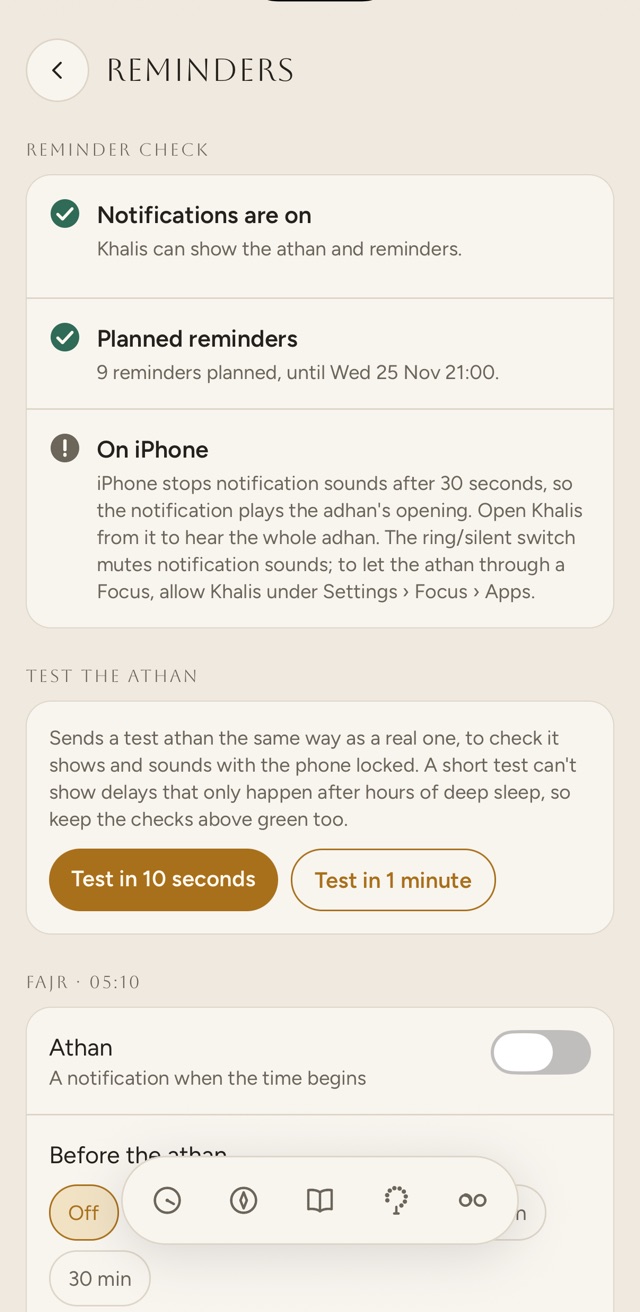 The Reminders screen in Khalis on iPhone. The reminder check shows notifications on and 9 reminders planned until Wednesday 25 November at 21:00, a note on iPhone’s 30 second sound limit, and buttons to test the athan in 10 seconds or 1 minute.