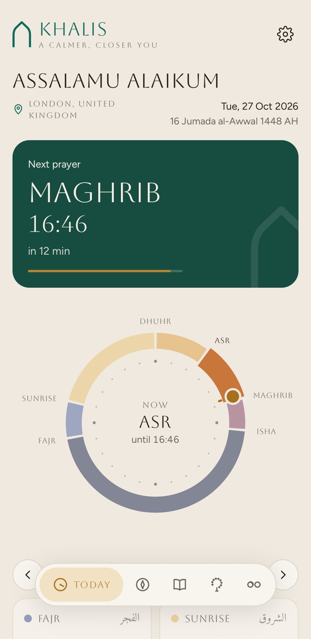 The Khalis Today screen for London, United Kingdom, on Tuesday 27 October 2026, 16 Jumada al-Awwal 1448 AH. The next prayer is Maghrib at 16:46, in 12 minutes, above a 24 hour sundial of the day that shows Asr now, until 16:46.