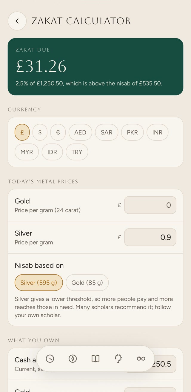 The Khalis Zakat calculator. At the top, Zakat due: £31.26, 2.5% of £1,250.50, which is above the nisab of £535.50. Below it the currency, with the pound chosen, today’s metal prices with silver at 0.9 a gram, and the nisab based on silver (595&nbsp;g).